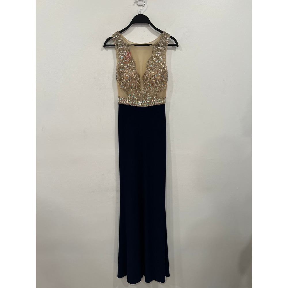 Clarisse Beaded Gown Womens Formal Navy Blue Embellished Prom Formal Dress SZ 00 - Picture 10 of 16
